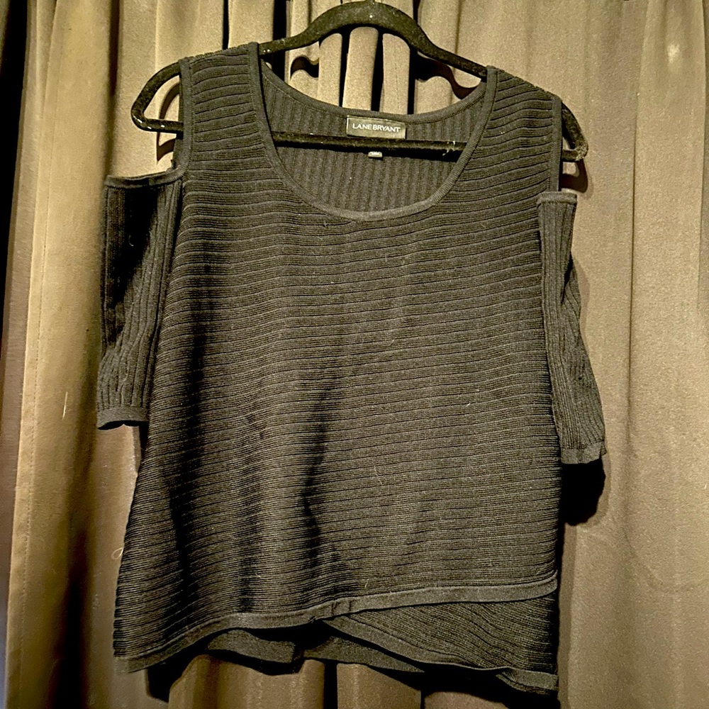 Lane Bryant Sz 18/20 Ribbed Cold-Shoulder Black Lightweight Sweater